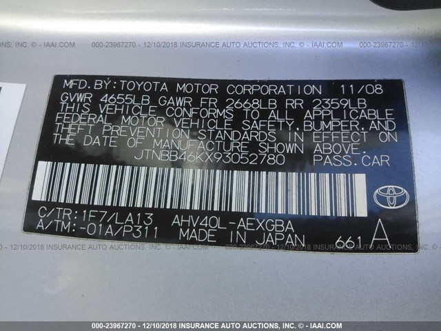 JTNBB46KX93052780 - 2009 TOYOTA CAMRY HYBRID SILVER photo 9