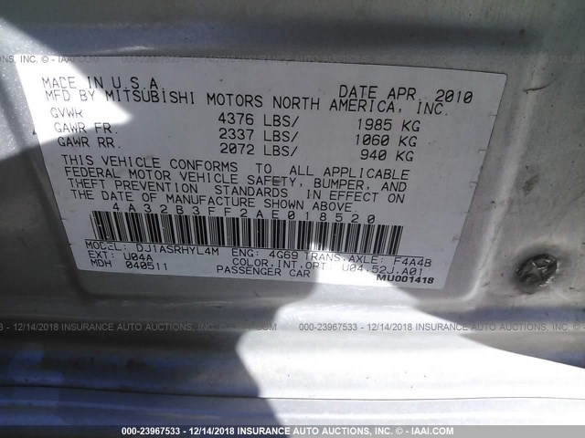 4A32B3FF2AE018520 - 2010 MITSUBISHI GALANT ES/SE SILVER photo 9