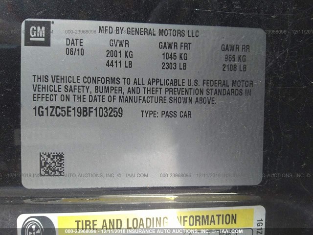 1G1ZC5E19BF103259 - 2011 CHEVROLET MALIBU 1LT 黑色 照片 9