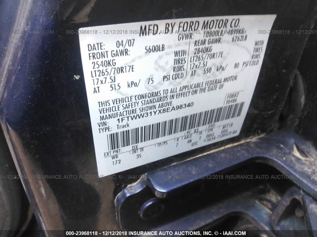 1FTWW31YX8EA98340 - 2008 FORD F350 SRW SUPER DUTY BLUE photo 9