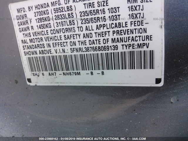 5FNRL38766B069139 - 2006 HONDA ODYSSEY EXL GRAY photo 9