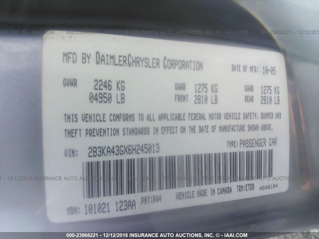 2B3KA43GX6H245013 - 2006 DODGE CHARGER SE/SXT GRAY photo 9