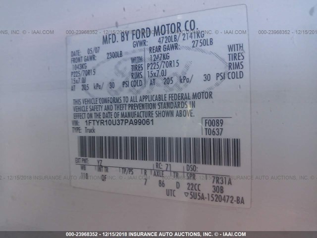 1FTYR10U37PA99061 - 2007 FORD RANGER WHITE photo 9