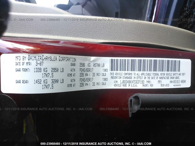 1J8GS48KX7C637193 - 2007 JEEP GRAND CHEROKEE LAREDO/COLUMBIA/FREEDOM Unknown photo 9