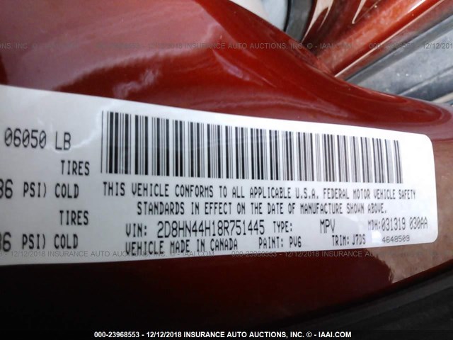 2D8HN44H18R751445 - 2008 DODGE GRAND CARAVAN SE ORANGE photo 9