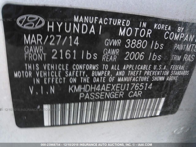 KMHDH4AEXEU176514 - 2014 HYUNDAI ELANTRA SE/SPORT/LIMITED SILVER photo 9