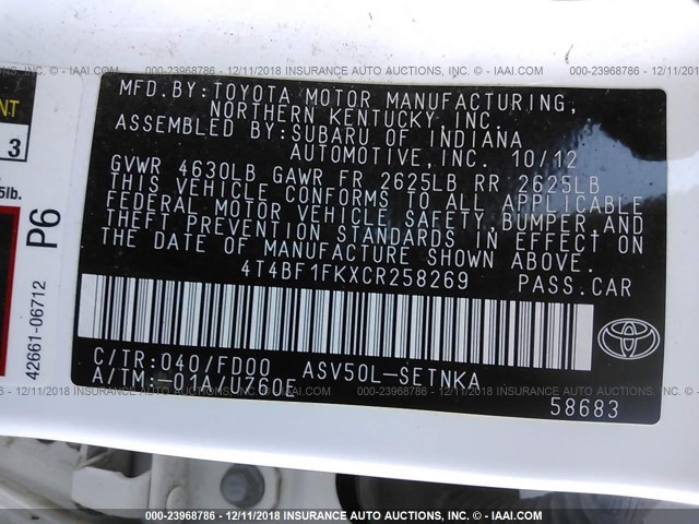 4T4BF1FKXCR258269 - 2012 TOYOTA CAMRY SE/LE/XLE 白色 照片 9