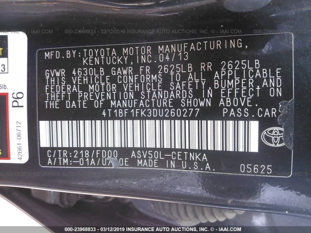 4T1BF1FK3DU260277 - 2013 TOYOTA CAMRY L/SE/LE/XLE BLACK photo 9