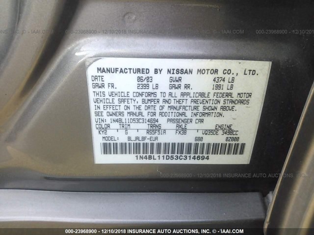 1N4BL11D53C314694 - 2003 NISSAN ALTIMA SE BROWN photo 9