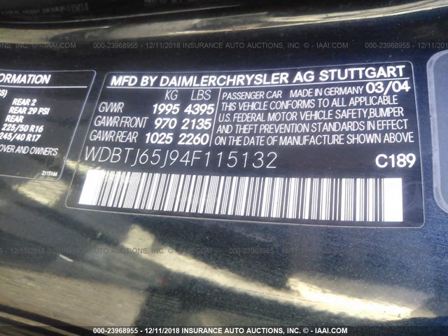 WDBTJ65J94F115132 - 2004 MERCEDES-BENZ CLK 320C BLUE photo 9