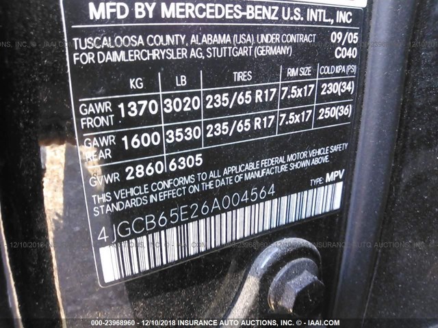 4JGCB65E26A004564 - 2006 MERCEDES-BENZ R 350 BLACK photo 9