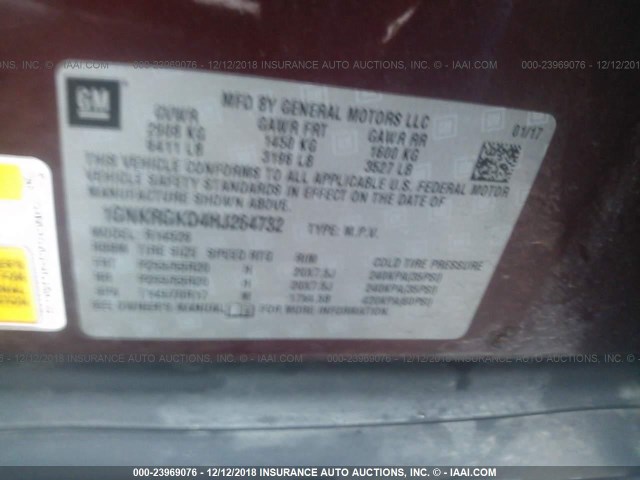 1GNKRGKD4HJ264732 - 2017 CHEVROLET TRAVERSE LT MAROON photo 9