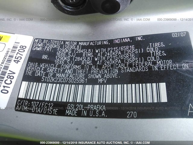 5TDZK23C07S025961 - 2007 TOYOTA SIENNA CE/LE SILVER photo 9