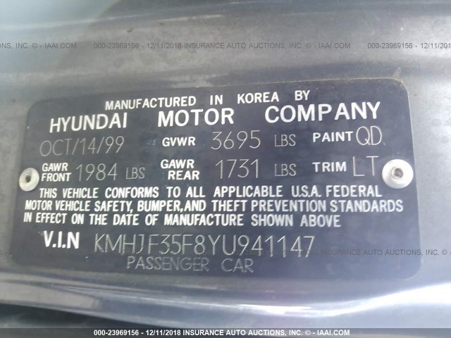 KMHJF35F8YU941147 - 2000 HYUNDAI ELANTRA GLS GRAY photo 9