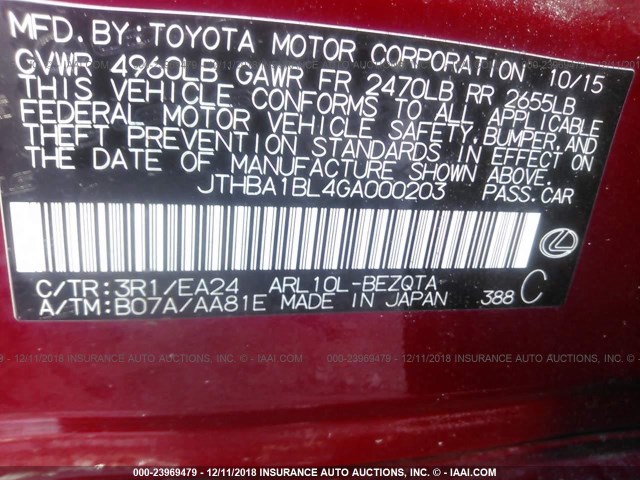 JTHBA1BL4GA000203 - 2016 LEXUS GS 200T/BASE/F SPORT RED photo 9