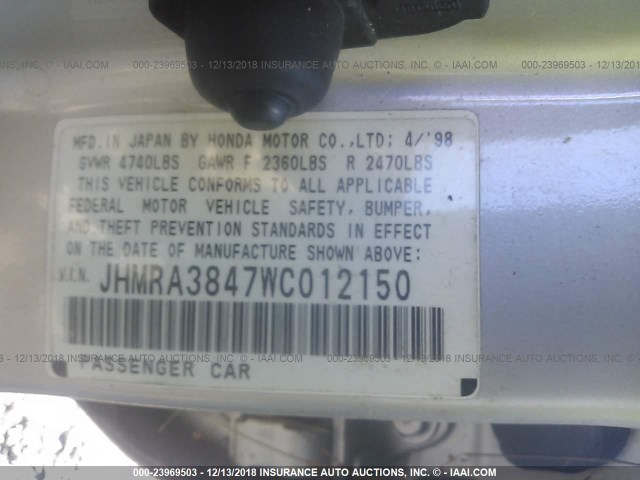 JHMRA3847WC012150 - 1998 HONDA ODYSSEY LX/EX GRAY photo 9