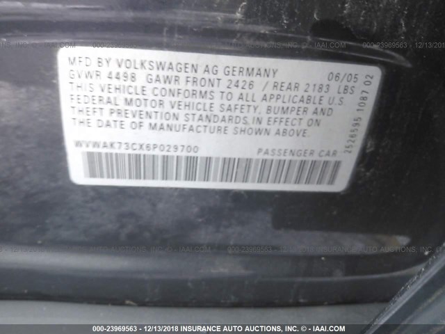 WVWAK73CX6P029700 - 2006 VOLKSWAGEN PASSAT 2.0T/2.0T VALUE BLACK photo 9