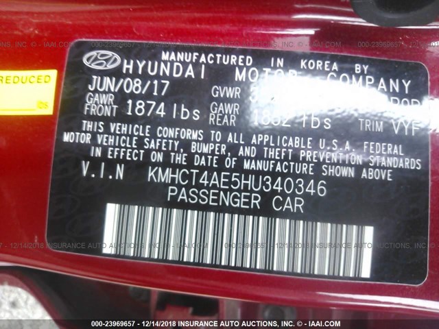 KMHCT4AE5HU340346 - 2017 HYUNDAI ACCENT SE RED photo 9