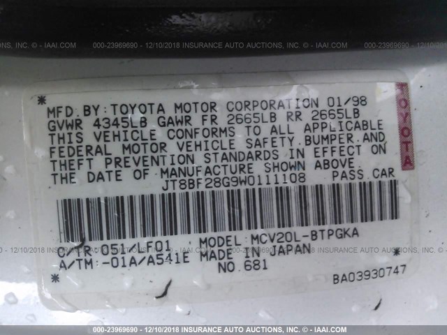 JT8BF28G9W0111108 - 1998 LEXUS ES 300 WHITE photo 9