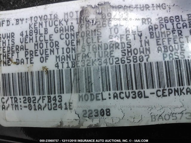 4T1BE32K34U265807 - 2004 TOYOTA CAMRY LE/XLE/SE BLACK photo 9