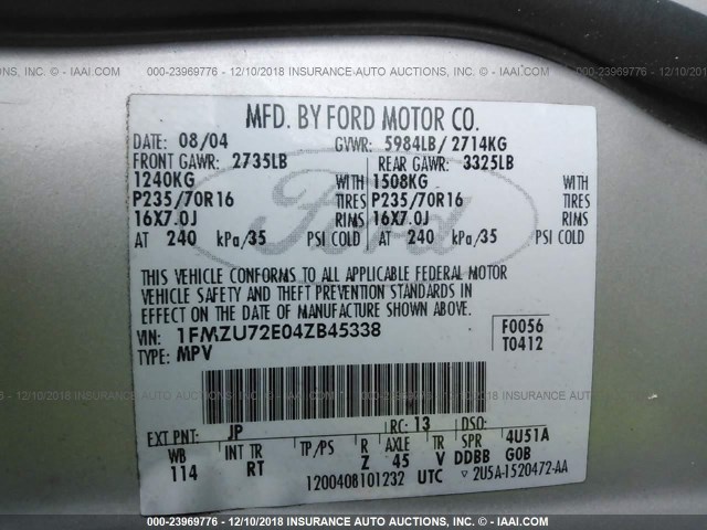 1FMZU72E04ZB45338 - 2004 FORD EXPLORER XLS/XLS SPORT SILVER photo 9