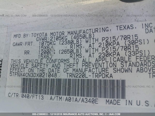 5TFNX4CN3DX021048 - 2013 TOYOTA TACOMA WHITE photo 9