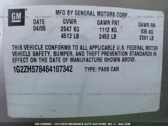 1G2ZH578464107342 - 2006 PONTIAC G6 GT SILVER photo 9