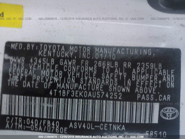 4T1BF3EK0AU574252 - 2010 TOYOTA CAMRY SE/LE/XLE WHITE photo 9