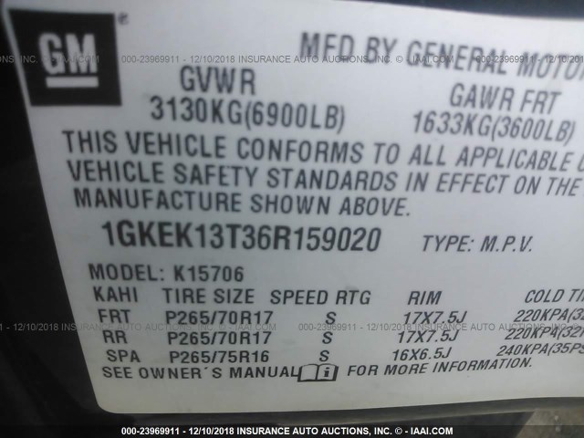 1GKEK13T36R159020 - 2006 GMC YUKON BLACK photo 9