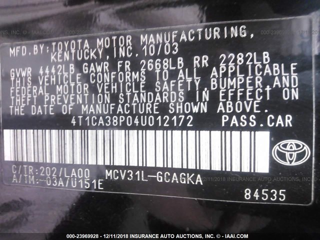 4T1CA38P04U012172 - 2004 TOYOTA CAMRY SOLARA SE/SLE BLACK photo 9