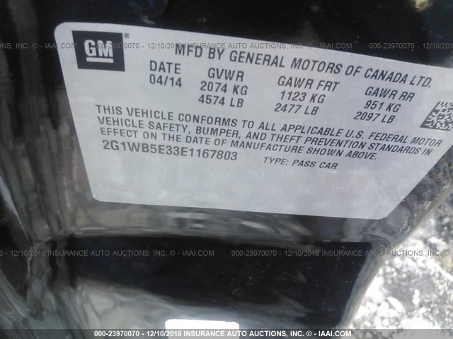 2G1WB5E33E1167803 - 2014 CHEVROLET IMPALA LIMITED LT BLACK photo 9