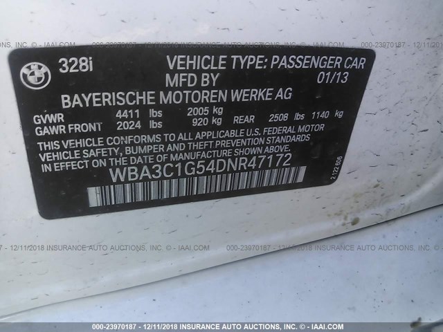 WBA3C1G54DNR47172 - 2013 BMW 328 I SULEV WHITE photo 9