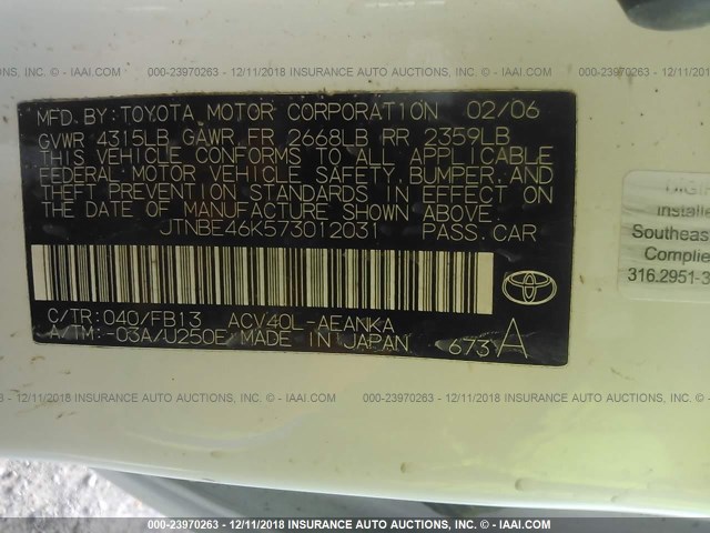 JTNBE46K573012031 - 2007 TOYOTA CAMRY NEW GENERAT CE/LE/XLE/SE WHITE photo 9