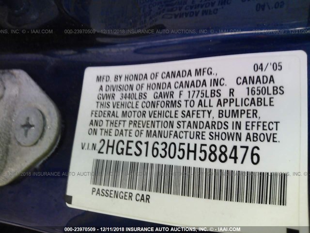 2HGES16305H588476 - 2005 HONDA CIVIC DX VP 蓝色 照片 9