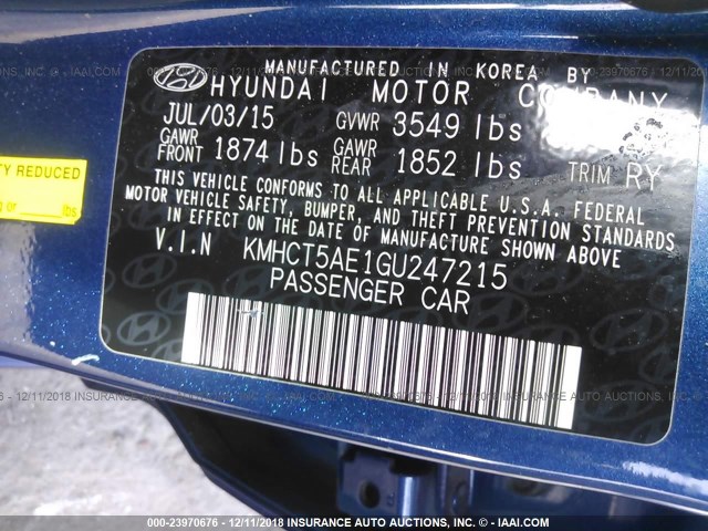 KMHCT5AE1GU247215 - 2016 HYUNDAI ACCENT SE BLUE photo 9