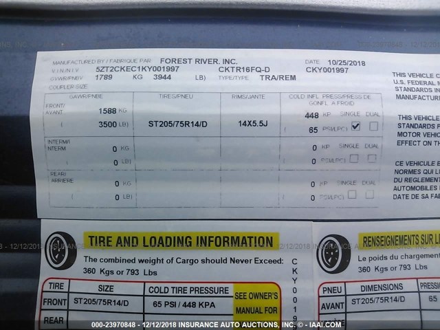 5ZT2CKEC1KY001997 - 2019 FOREST RIVER OTHER  WHITE photo 9