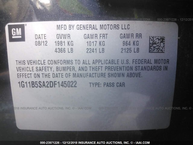 1G11B5SA2DF145022 - 2013 CHEVROLET MALIBU LS BLACK photo 9