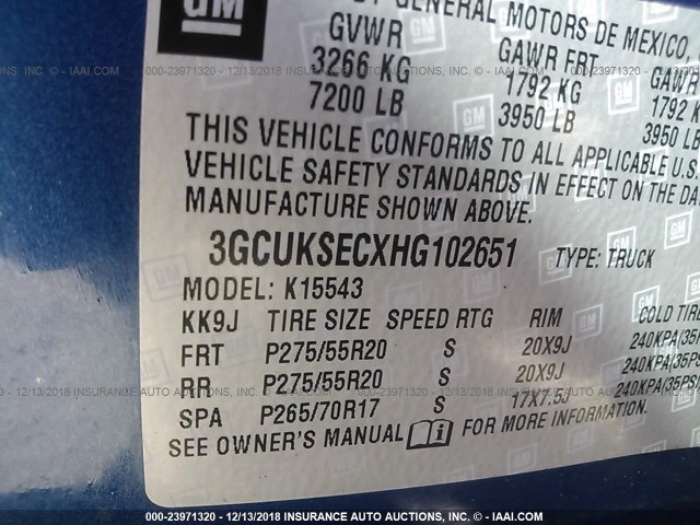 3GCUKSECXHG102651 - 2017 CHEVROLET SILVERADO K1500 LTZ BLUE photo 9