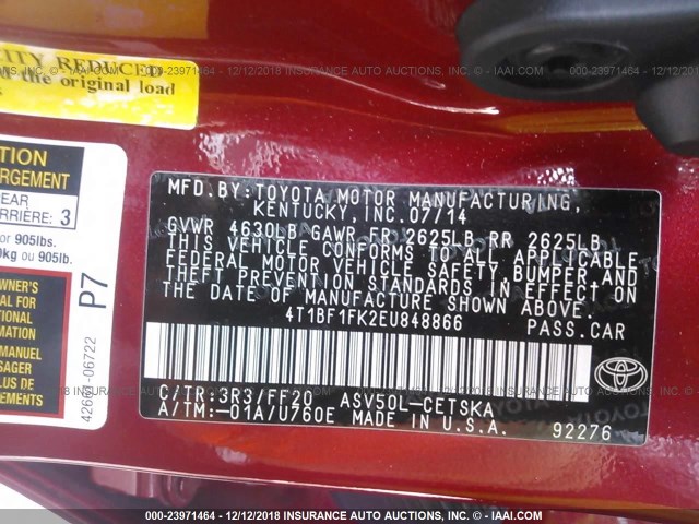 4T1BF1FK2EU848866 - 2014 TOYOTA CAMRY L/SE/LE/XLE 红色 照片 9