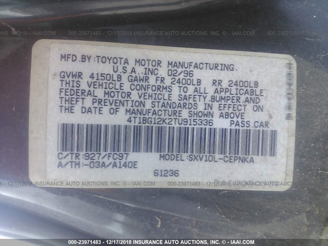 4T1BG12K2TU915336 - 1996 TOYOTA CAMRY DX/LE/XLE GRAY photo 9