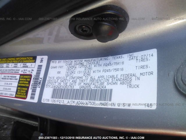 5TFJU4GN2EX063763 - 2014 TOYOTA TACOMA DOUBLE CAB PRERUNNER GRAY photo 9