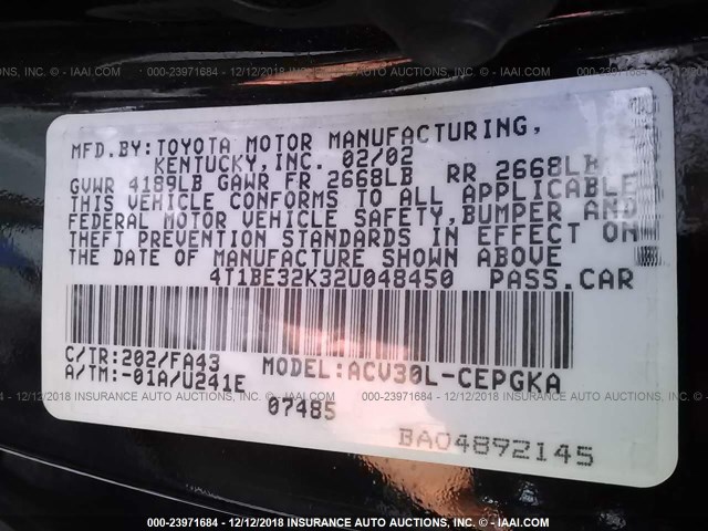 4T1BE32K32U048450 - 2002 TOYOTA CAMRY LE/XLE/SE BLACK photo 9