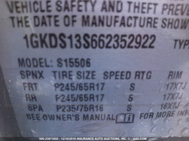 1GKDS13S662352922 - 2006 GMC ENVOY SILVER photo 9