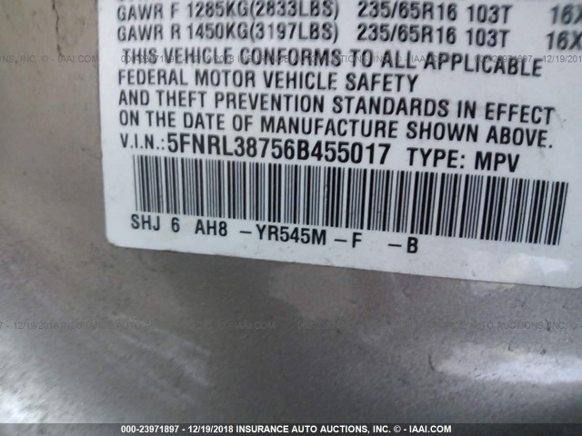 5FNRL38756B455017 - 2006 HONDA ODYSSEY EXL GOLD photo 9