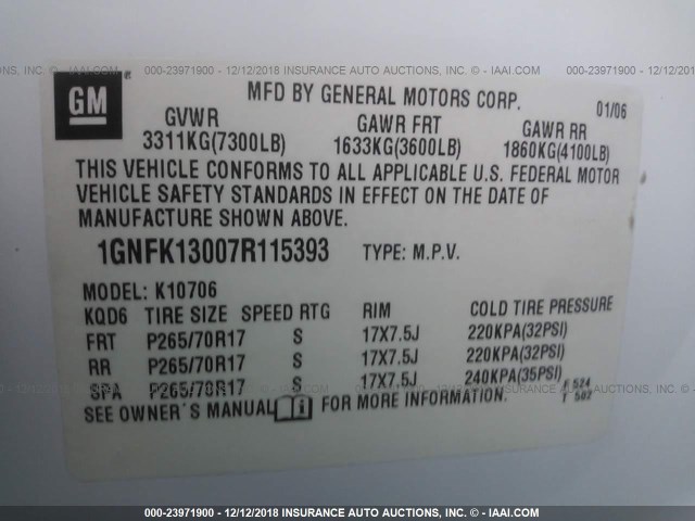 1GNFK13007R115393 - 2007 CHEVROLET TAHOE K1500 WHITE photo 9