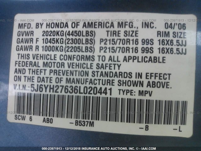 5J6YH27636L020441 - 2006 HONDA ELEMENT EX BLUE photo 9