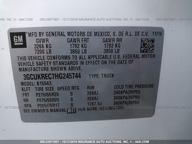 3GCUKREC7HG245744 - 2017 CHEVROLET SILVERADO K1500 LT WHITE photo 9