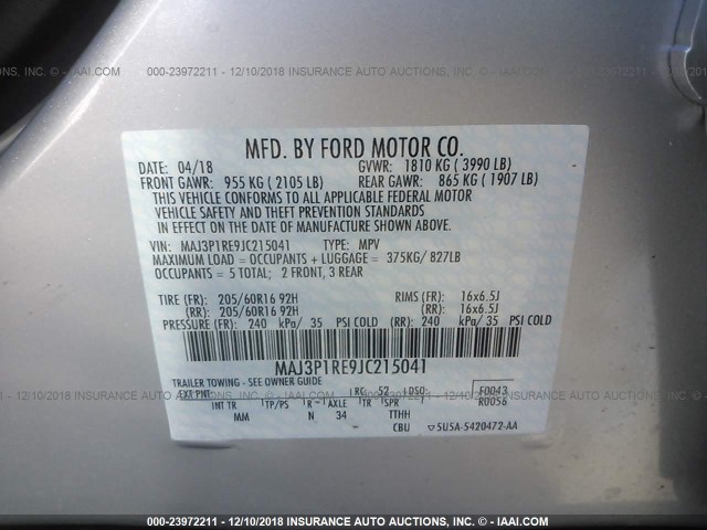 MAJ3P1RE9JC215041 - 2018 FORD ECOSPORT S SILVER photo 9