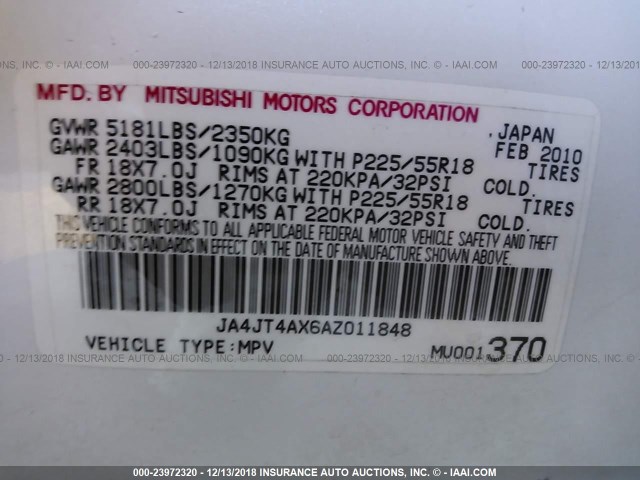 JA4JT4AX6AZ011848 - 2010 MITSUBISHI OUTLANDER XLS WHITE photo 9