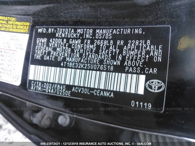 4T1BE32K25U076518 - 2005 TOYOTA CAMRY LE/XLE/SE BLACK photo 8